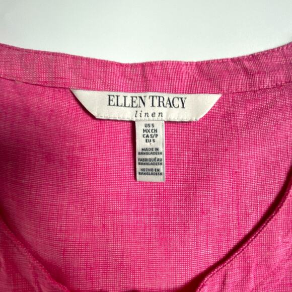 Ellen Tracy Pink Linen Cotton Top S Gold Zip Tassel 3/4 Sleeve Pockets Slit Back - Picture 9 of 16